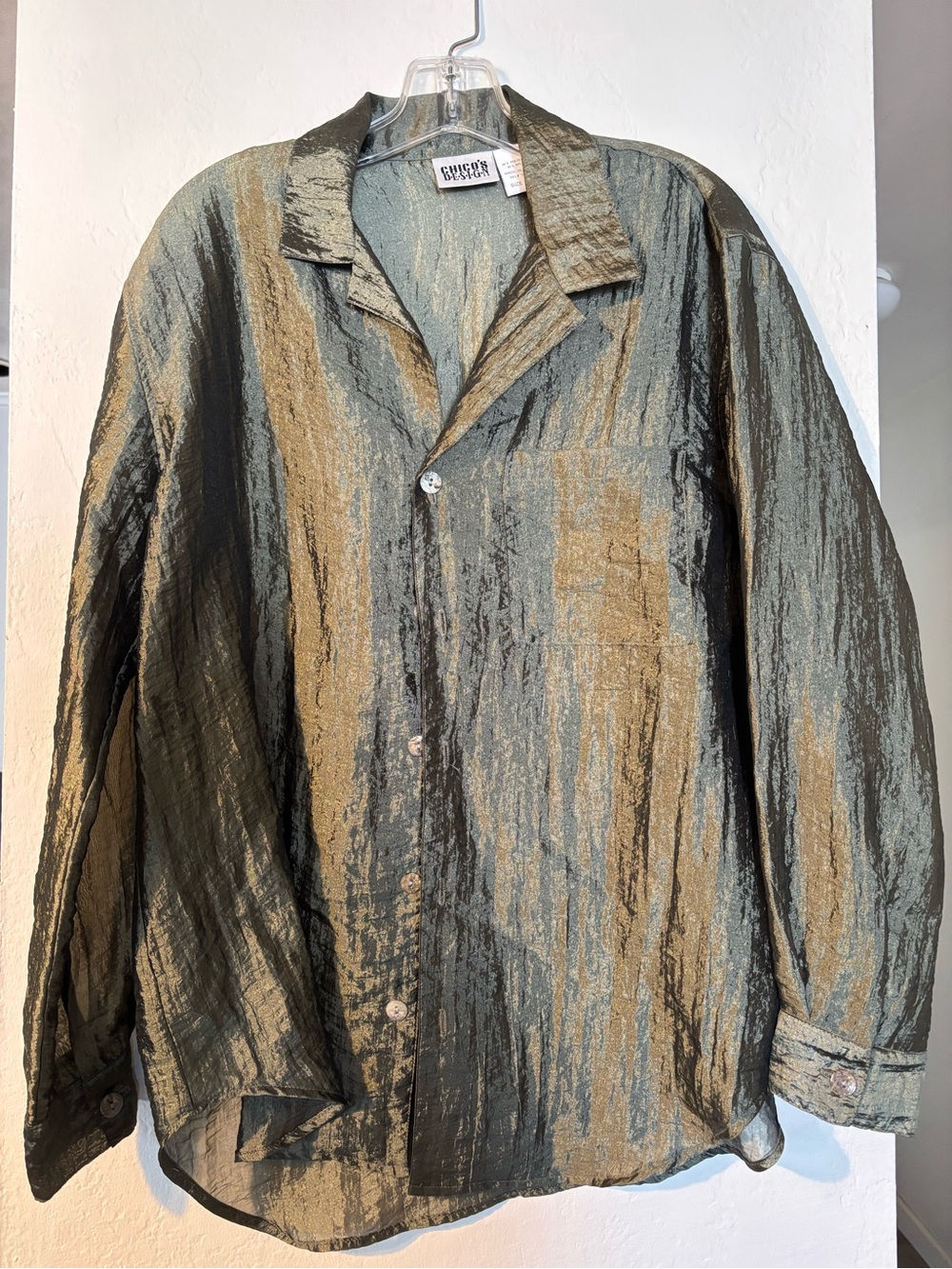 Chico's | Metallic Olive-Gold Lightweight Button-Up Shirt Jacket
